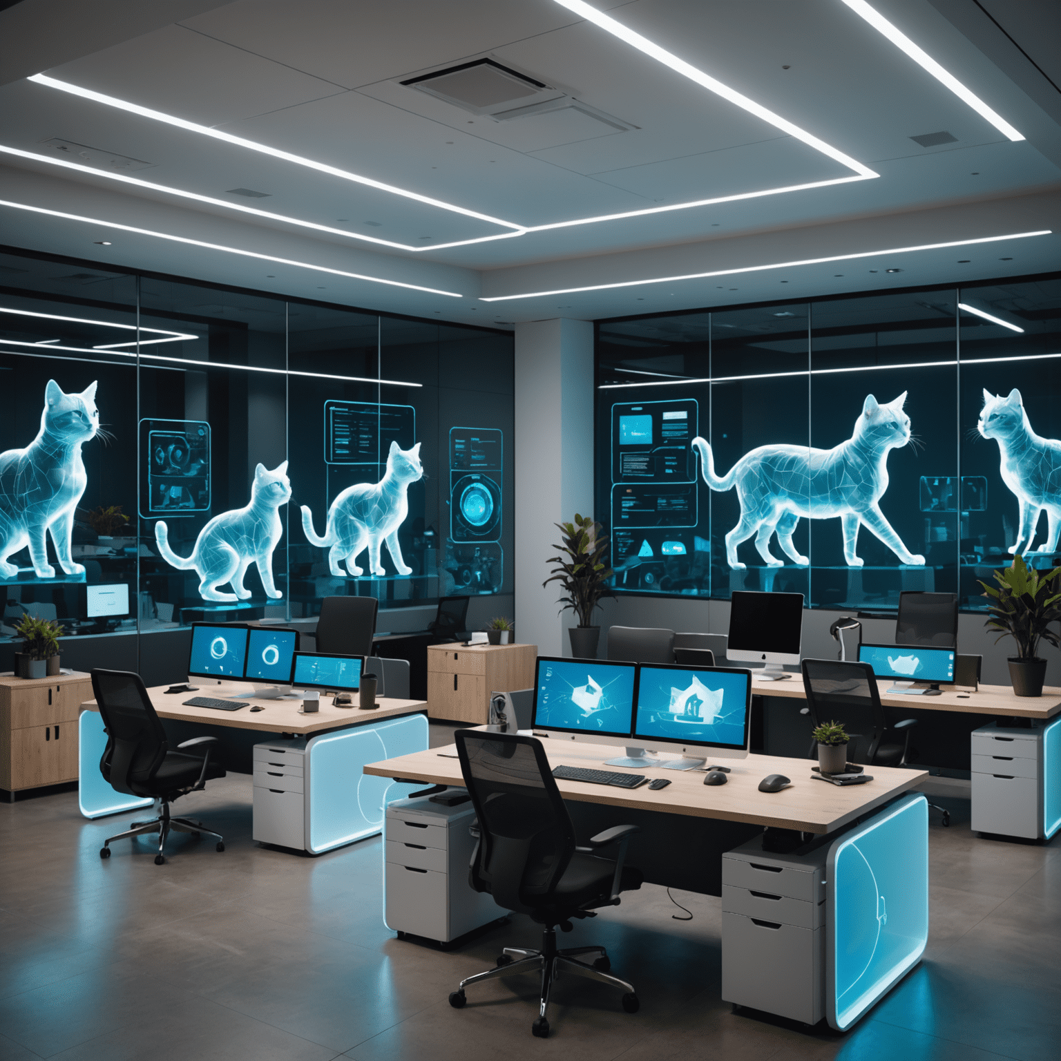 A futuristic office space with holographic displays showing cat-inspired tech designs. Employees work at sleek, curved desks while abstract cat silhouettes are projected on glass walls.