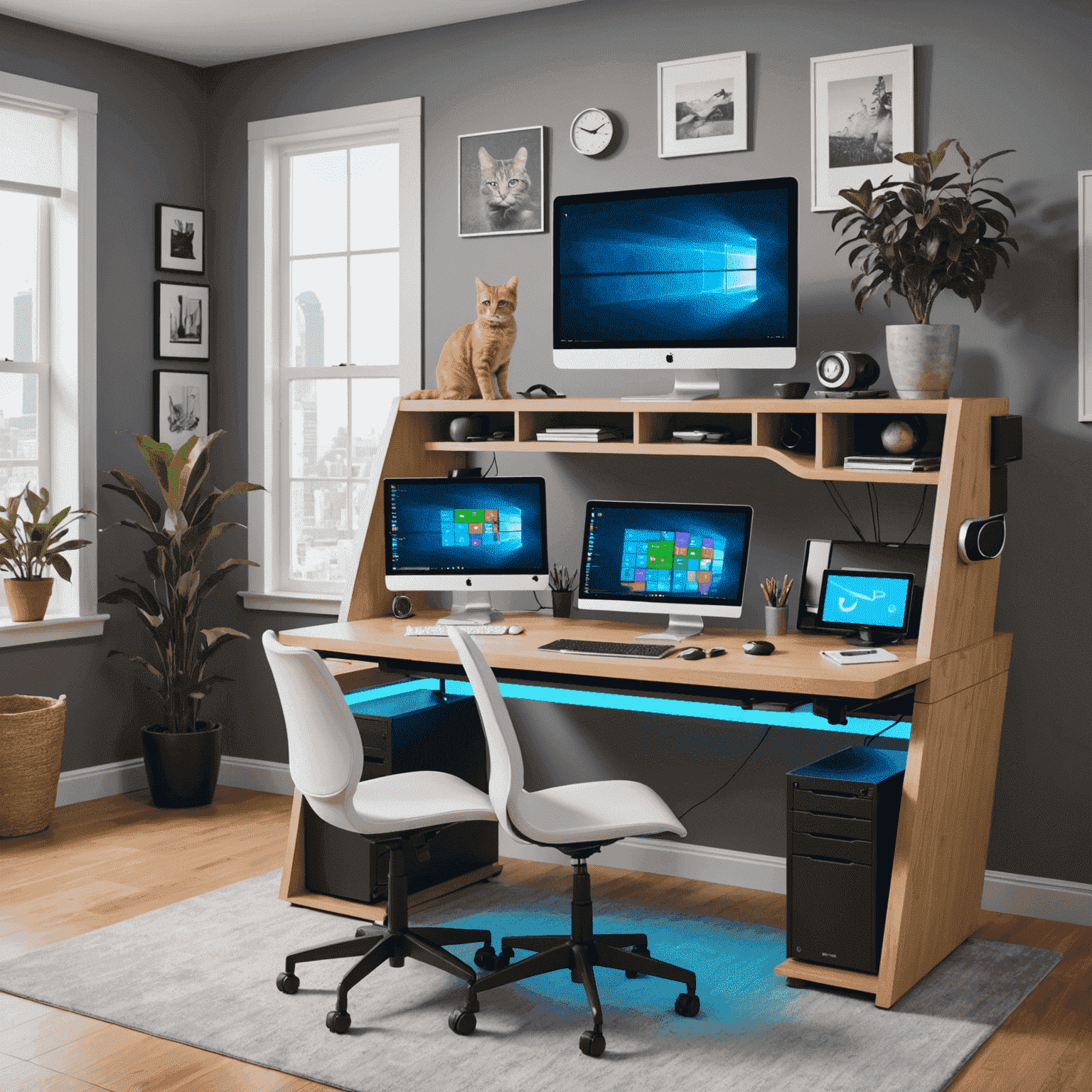 A futuristic home office setup with ergonomic furniture and cat-friendly features, including a sleek cat tree integrated into the desk design and holographic displays showing work and cat care information.