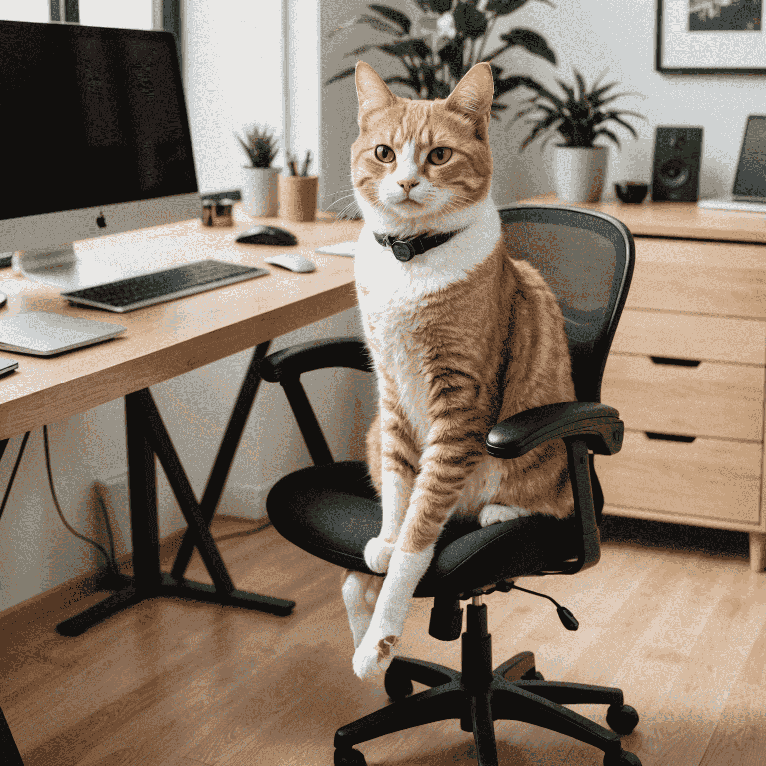 A cat sitting comfortably on an ergonomic chair next to a sleek, modern desk setup with a laptop and cat-friendly accessories