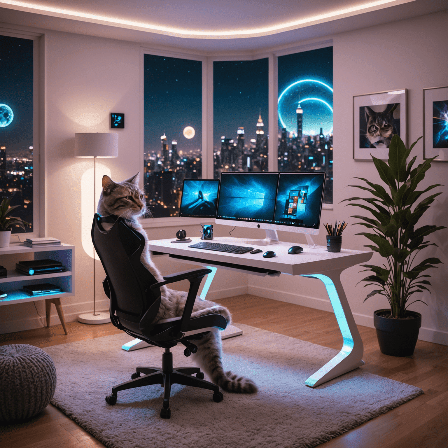 A futuristic home office setup with a sleek desk, ergonomic chair, and a cat lounging on a dedicated cat tree nearby. The room has holographic displays and ambient lighting.