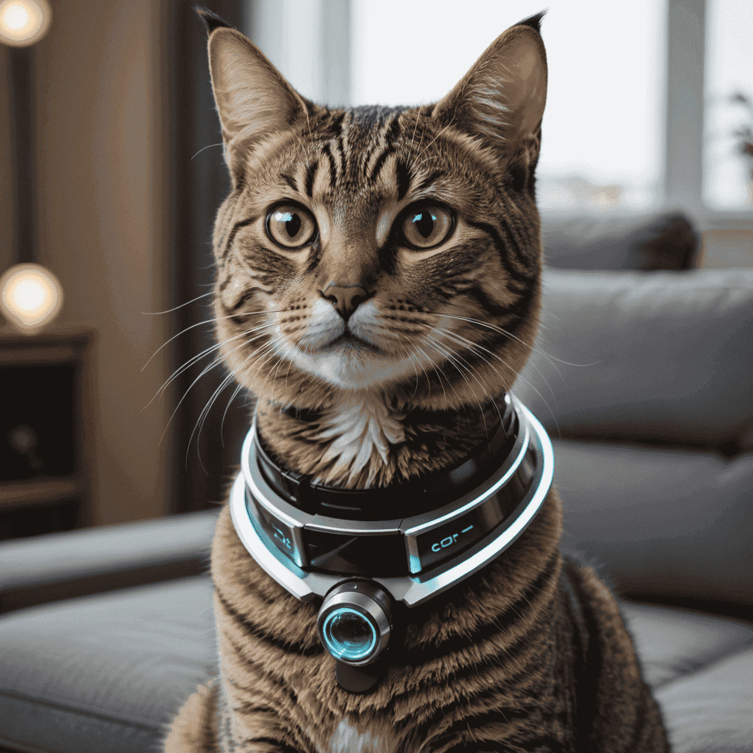 A sleek, futuristic collar with holographic display and sensors, worn by a curious tabby cat in a high-tech living room