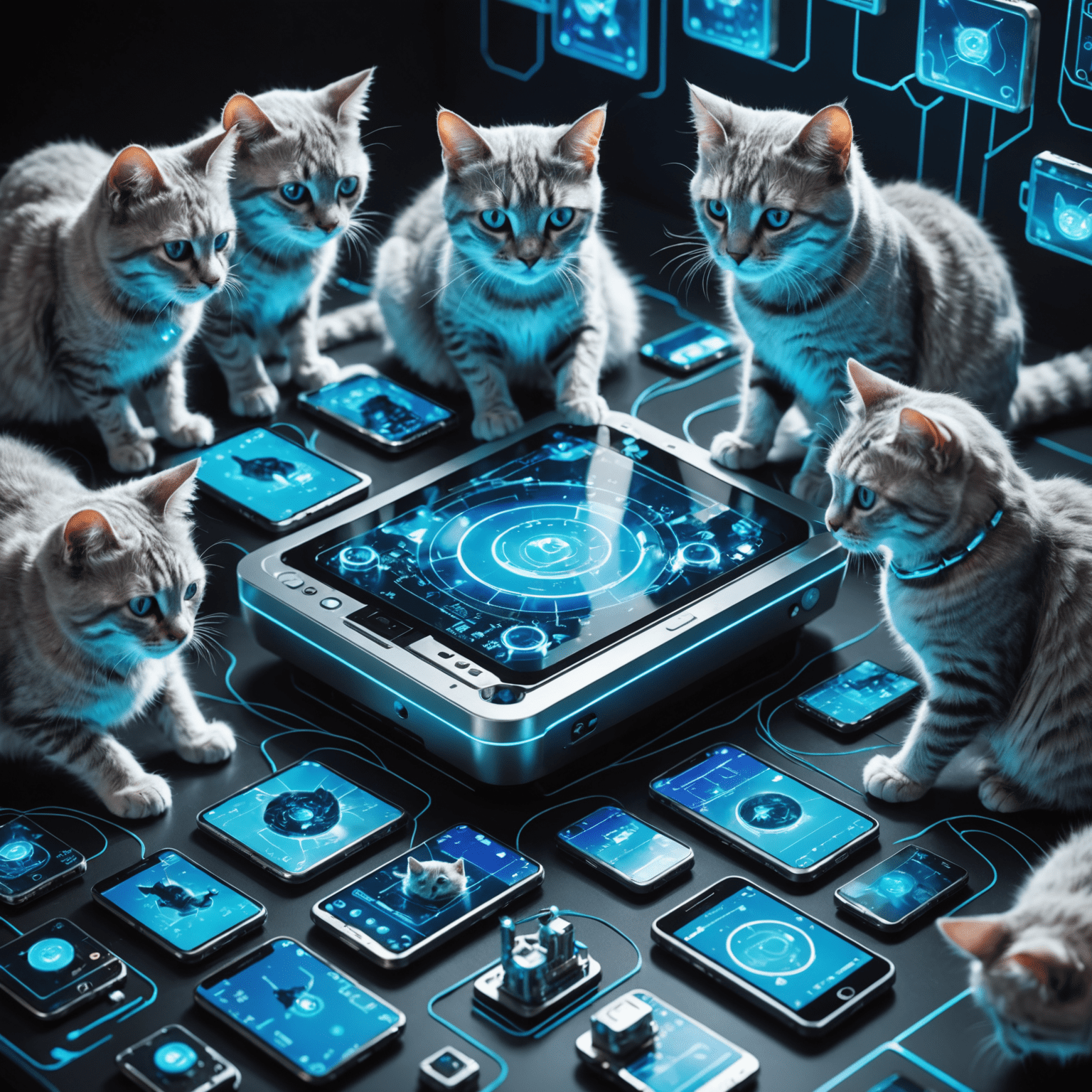 A futuristic collage of cats interacting with holographic mobile devices, showcasing various cat-themed game interfaces. The image has a sleek, electric blue and silver color scheme with subtle circuit board patterns.