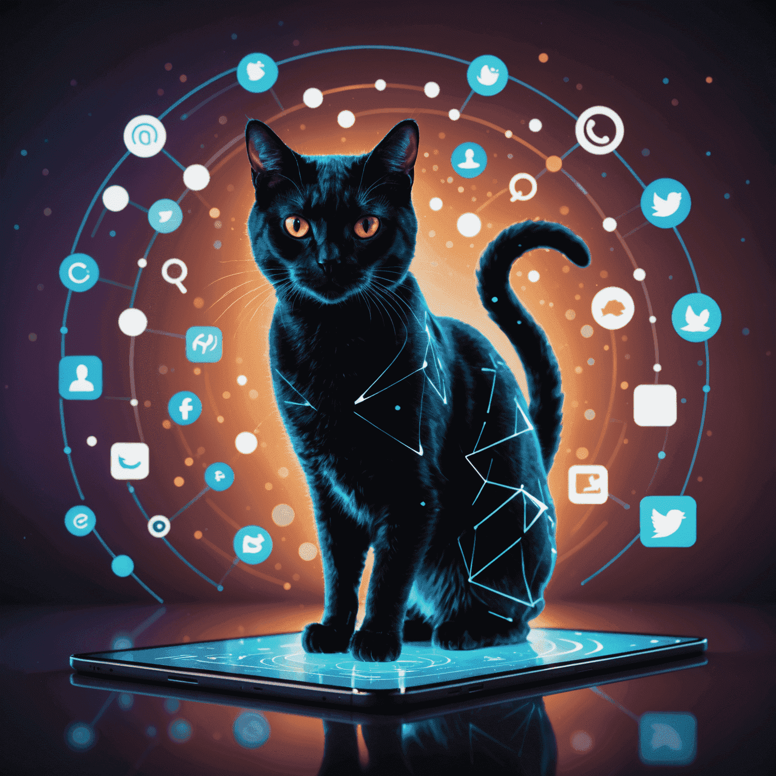 A sleek, futuristic image of a cat silhouette overlaid on a holographic social media interface, with floating icons representing various platforms