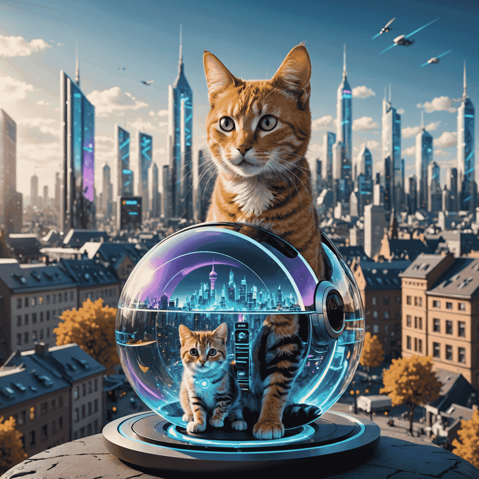 A futuristic cityscape with holographic projections of cats and tech gadgets, showcasing the blend of pet care and advanced technology in German startups