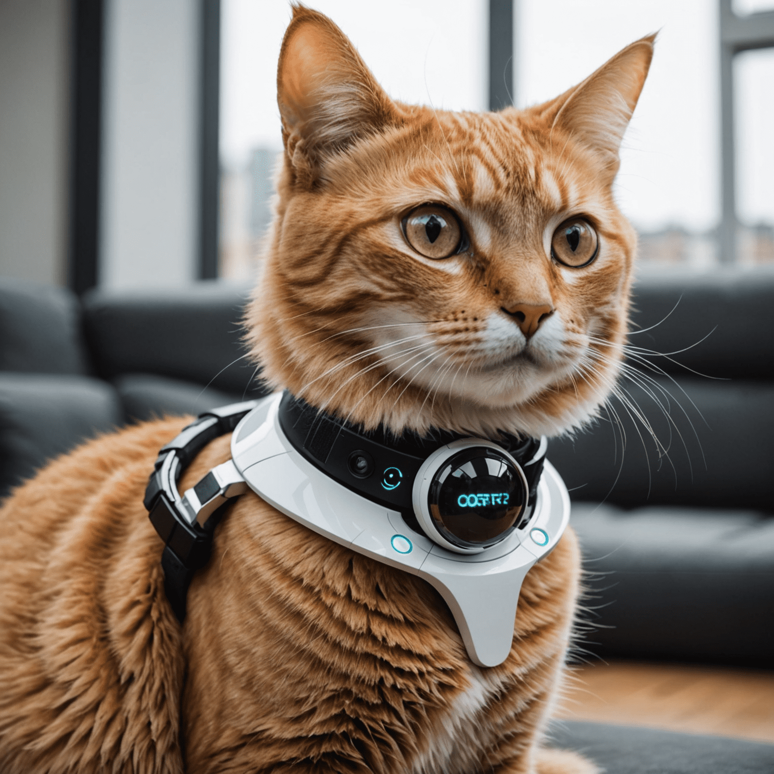 A collection of futuristic wearable devices for cats, including sleek activity trackers, smart collars with holographic displays, and miniature cameras integrated into stylish cat accessories.