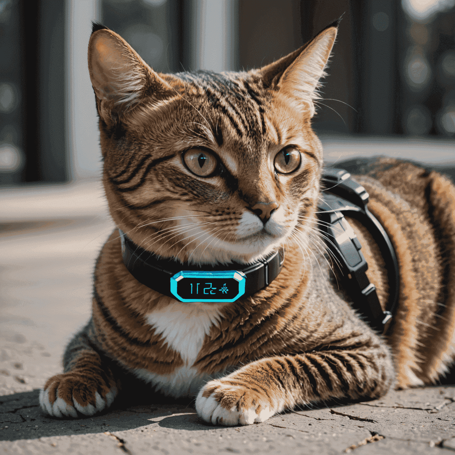 A sleek, futuristic cat collar with a holographic display showing various health metrics and a GPS tracker