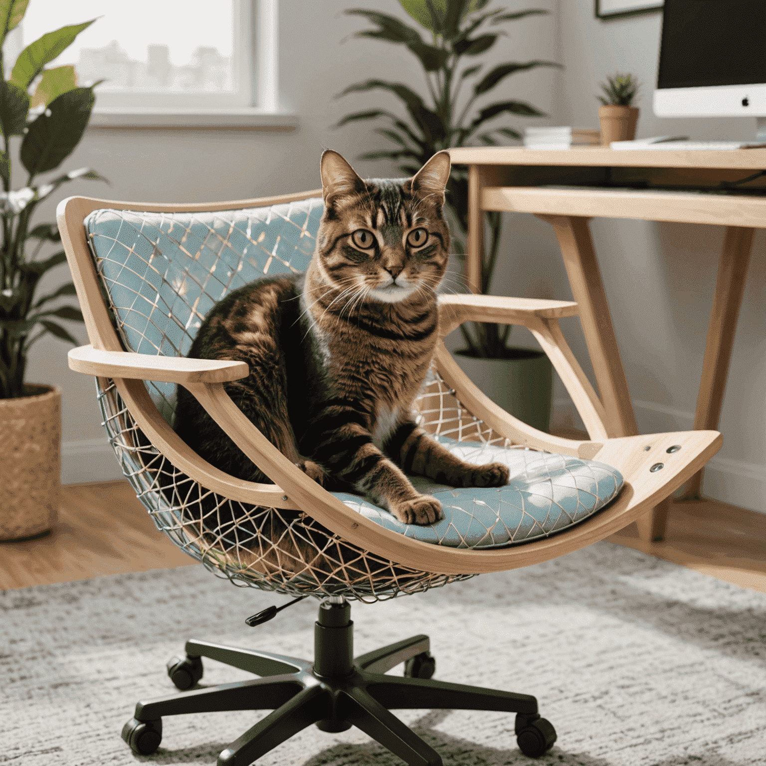 A close-up of an ergonomic office chair with a built-in cat hammock attachment, showcasing a sleek design with holographic accents.