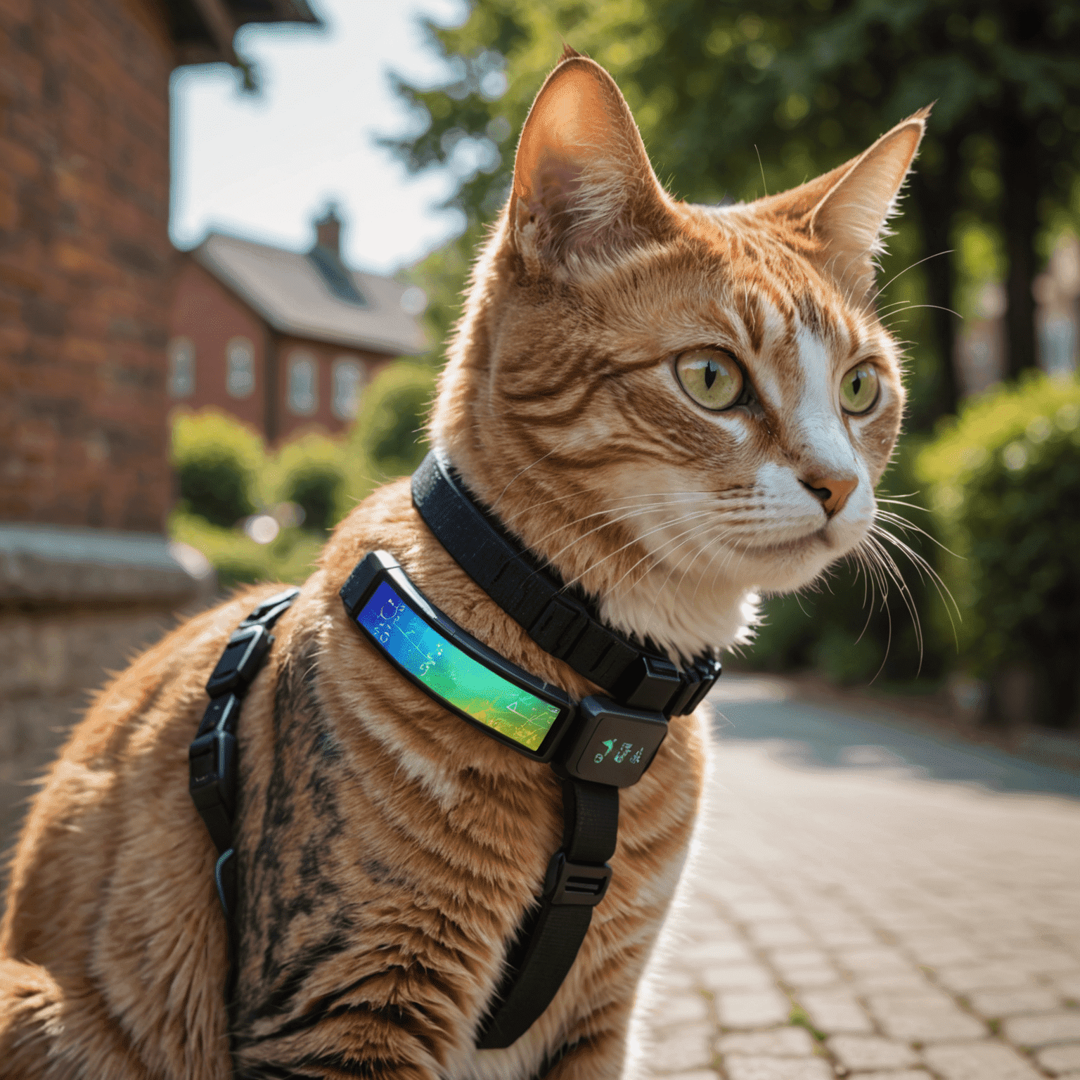 A cat wearing a slim, iridescent activity tracker on its collar, with a holographic display showing step count and GPS map