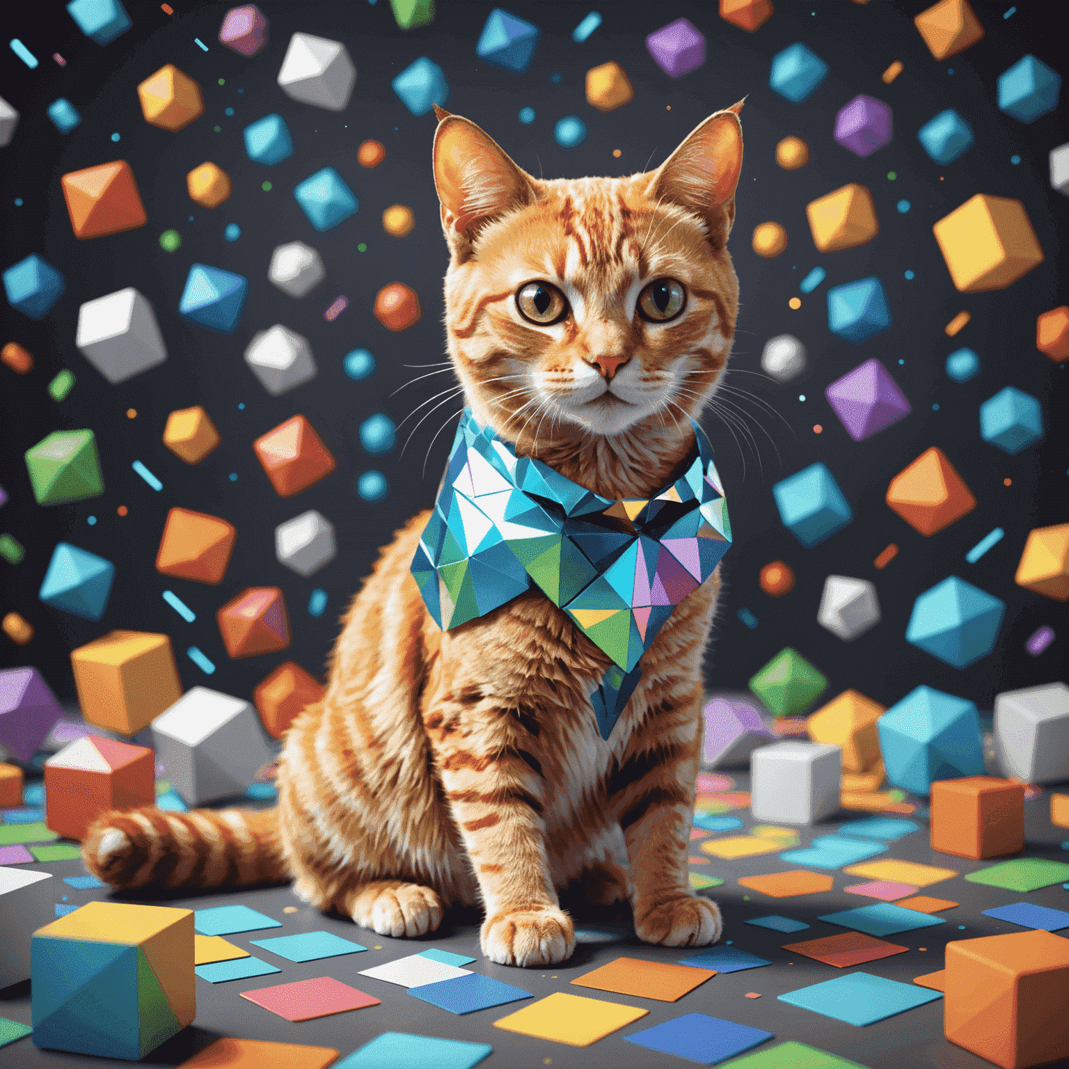 A stylized, low-poly 3D rendering of a cat posing for a photo, surrounded by holographic social media icons and likes