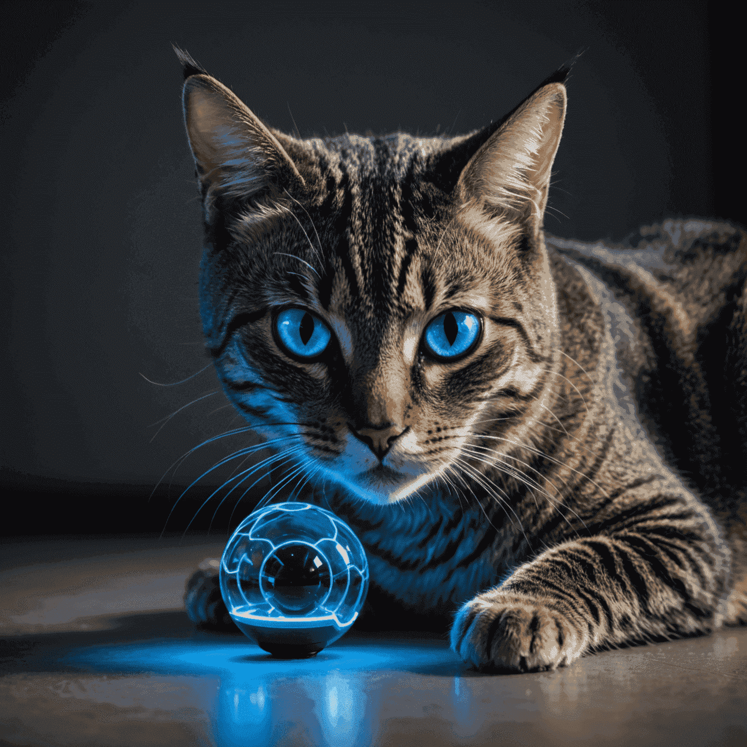 A sleek, futuristic cat toy with glowing blue accents and holographic interface, representing the Quantum Whisker by CatSlap Tech