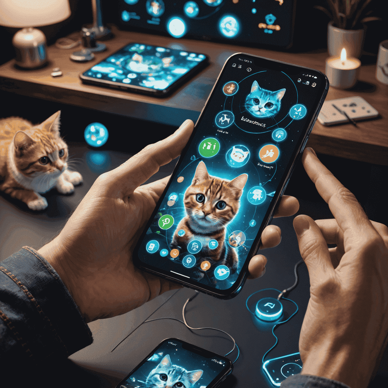 A futuristic smartphone displaying various cat-themed mobile games with holographic projections of playful cats interacting with the games' interfaces.