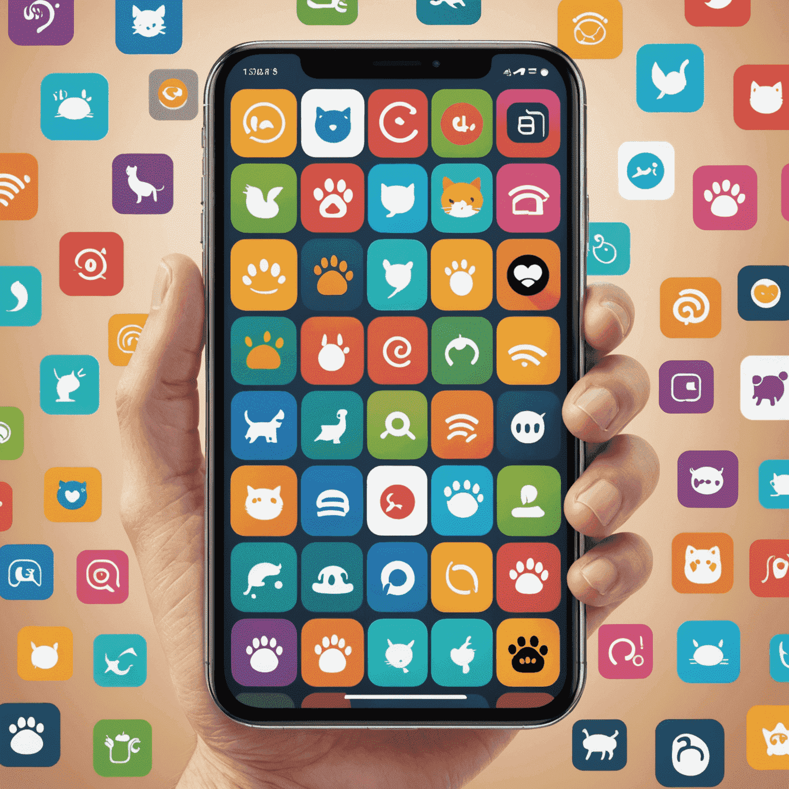 A smartphone screen displaying a grid of colorful cat-themed app icons, with a playful cat paw reaching out to touch one