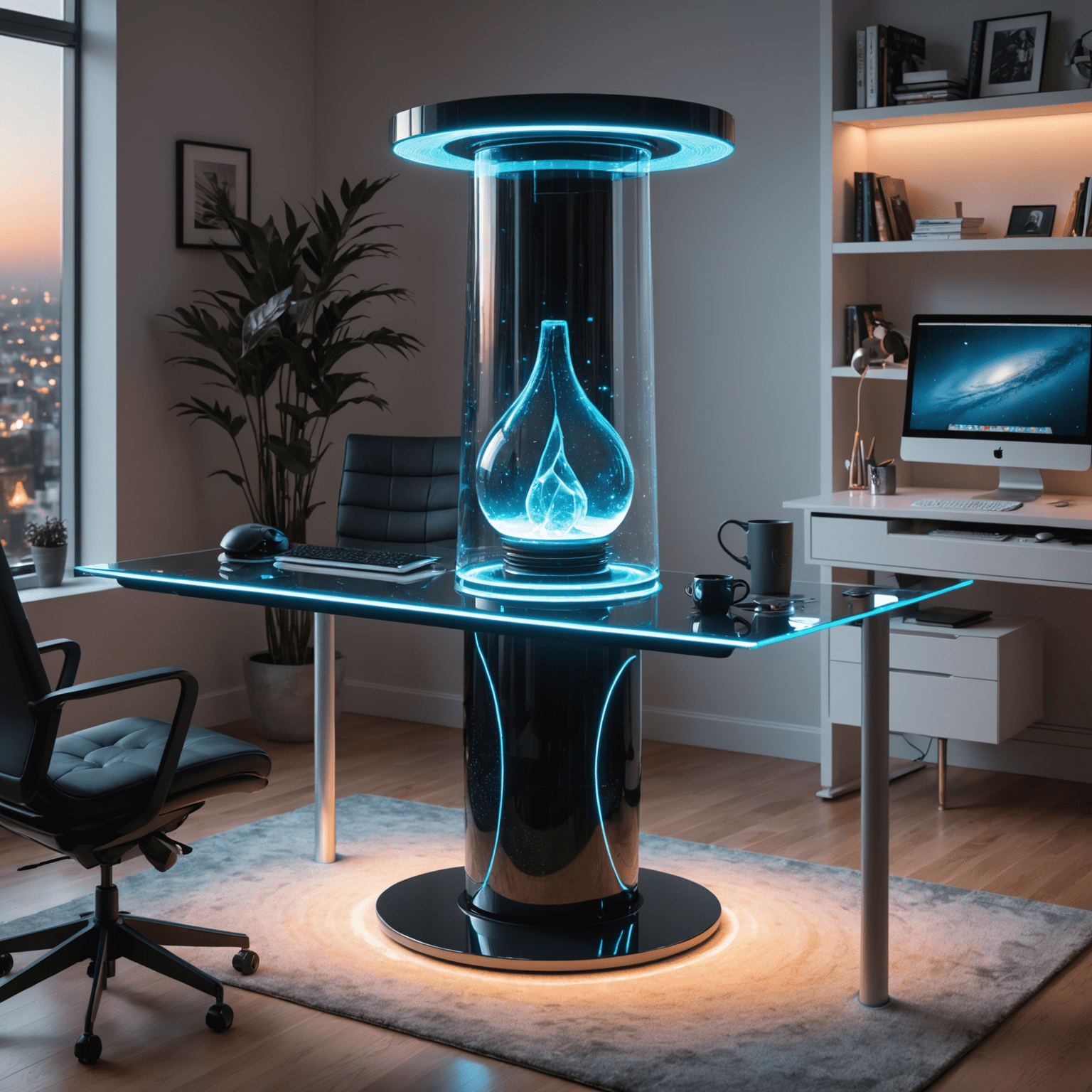 A futuristic scratching post with built-in LED lights and a holographic interface, placed next to a sleek glass-top desk in a high-tech home office.