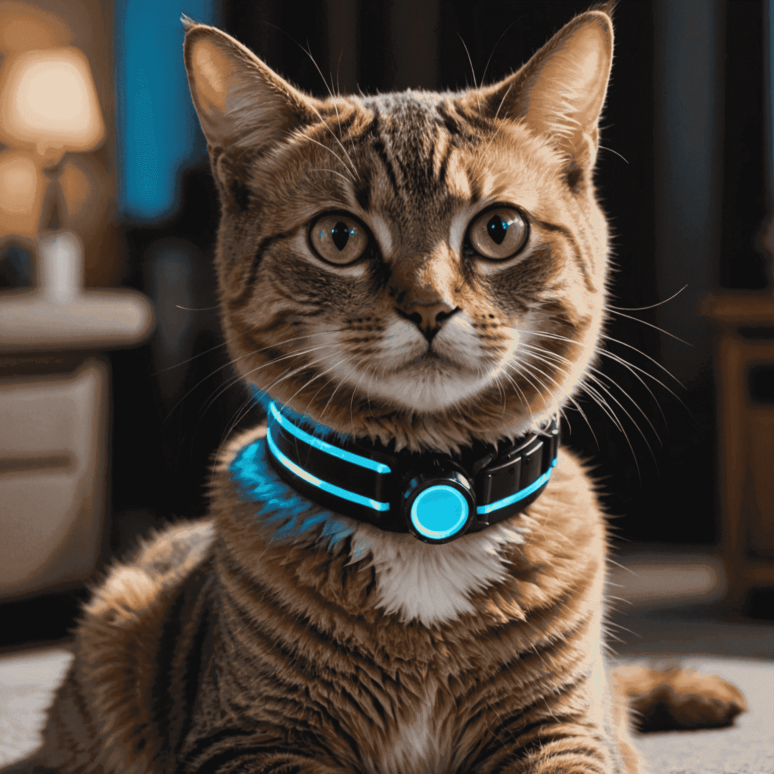 A cat wearing a sleek mood-sensing collar with a color-changing LED display indicating different emotional states