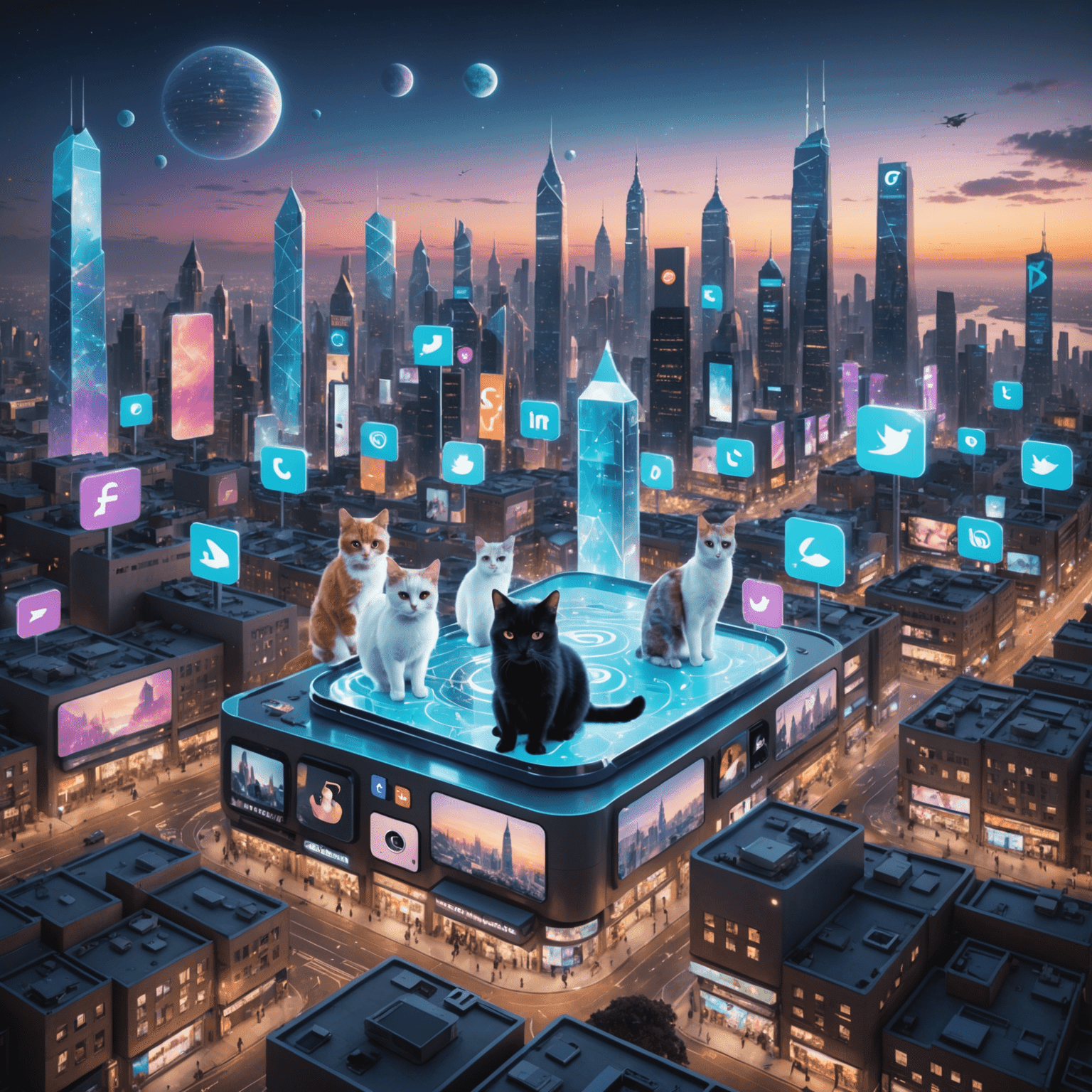 A futuristic cityscape with holographic projections of various social media platforms, each featuring different cat content