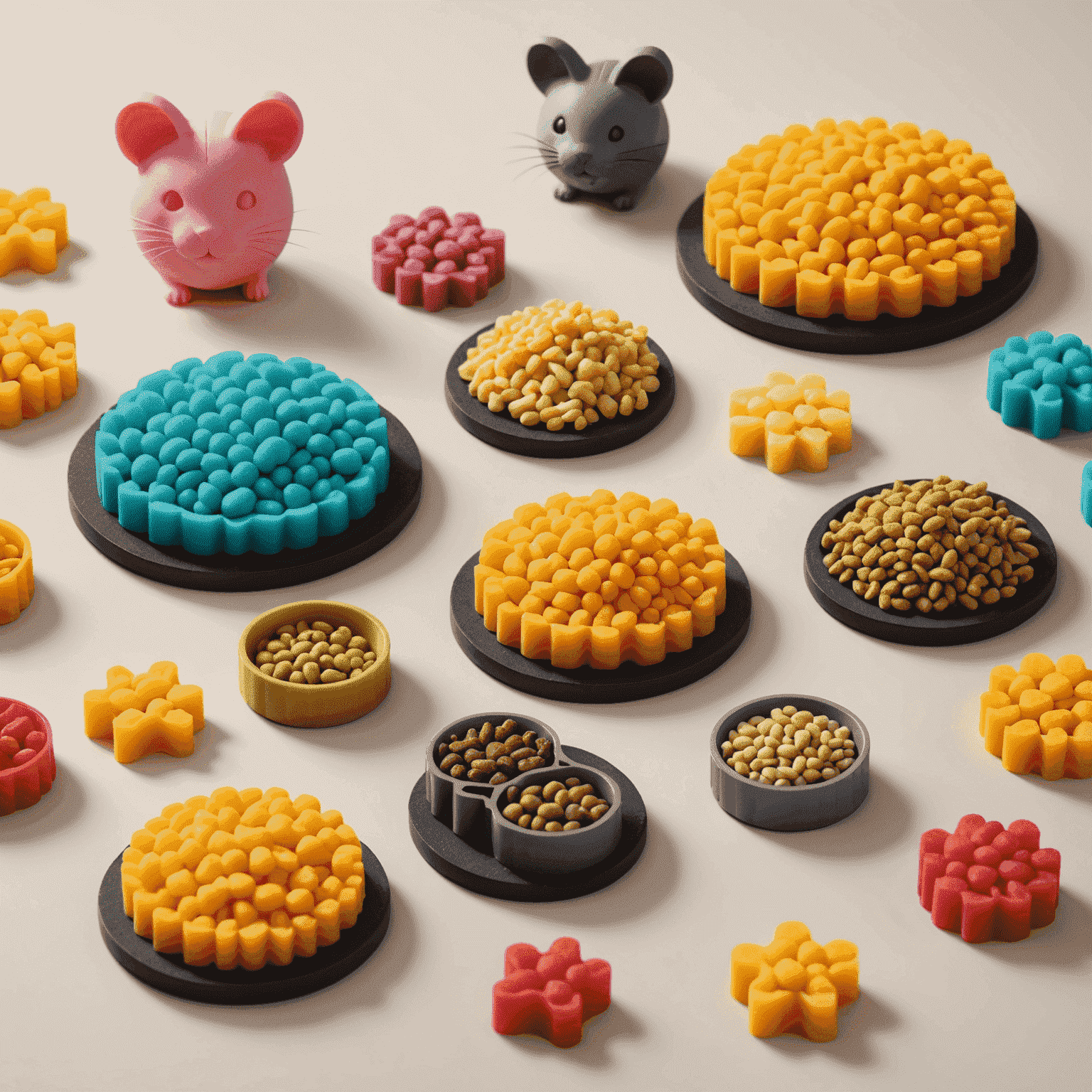 A 3D printer creating small, mouse-shaped cat food pieces with varying colors representing different nutritional compositions