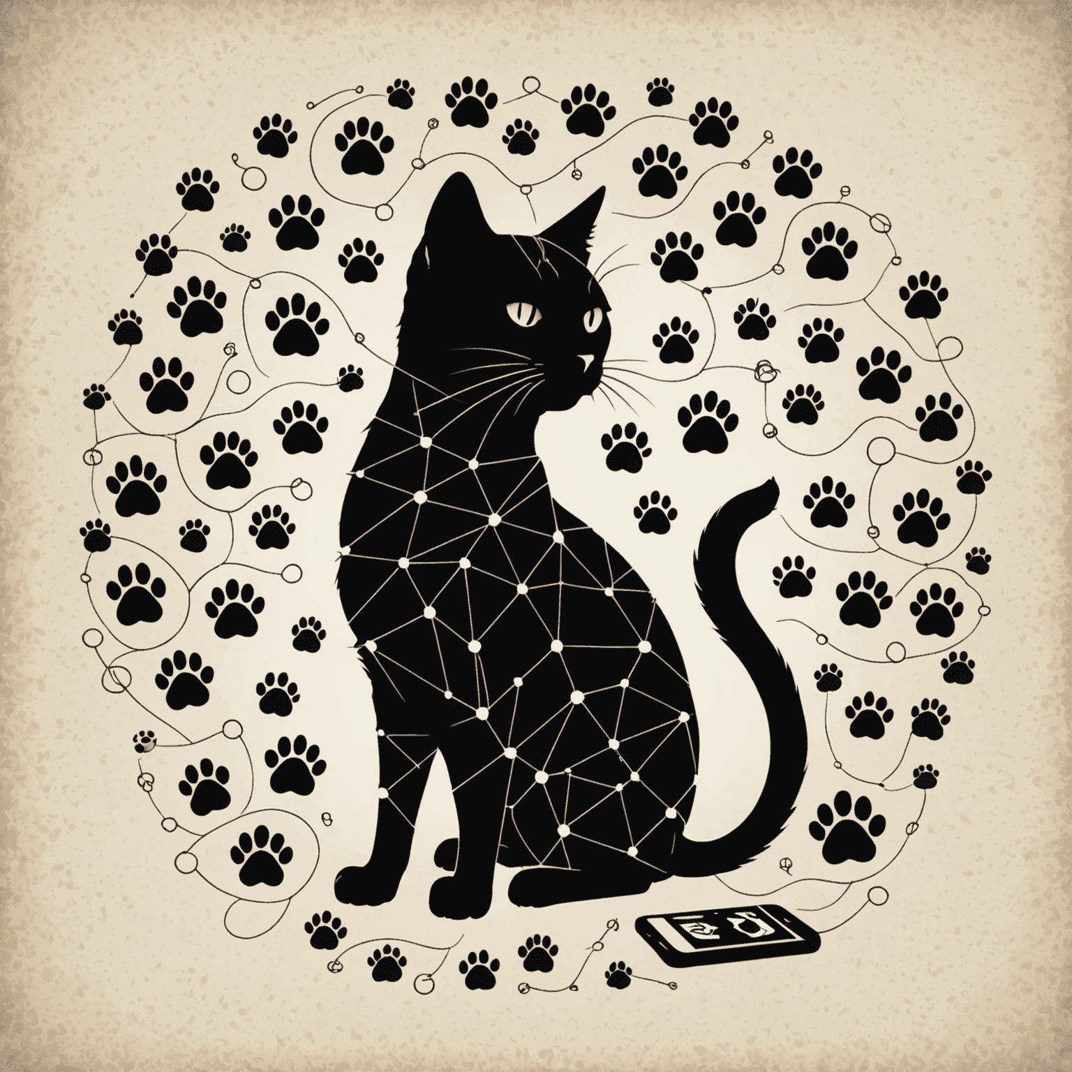 A stylized cat silhouette composed of interconnected social media icons, with paw prints leading to a smartphone