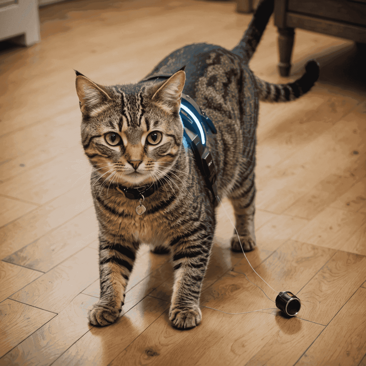 A playful cat interacting with a collar-attached laser pointer, creating geometric patterns on the floor