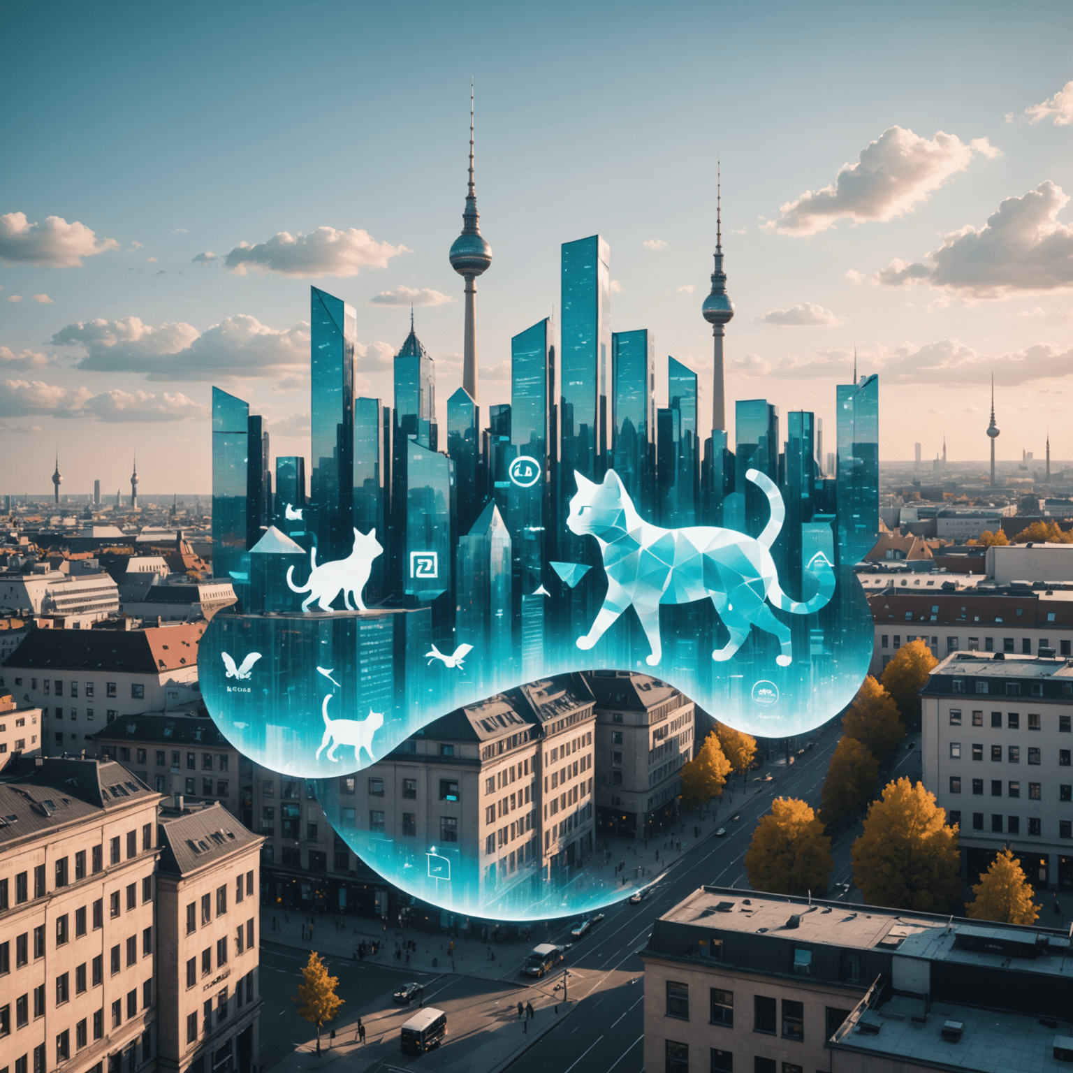 A futuristic cityscape of Warsaw with holographic cat silhouettes and tech startup logos floating above the buildings